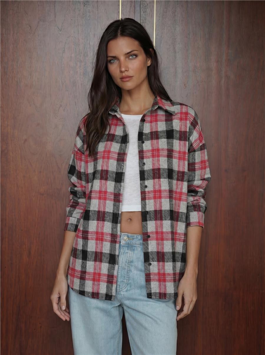 Kadın Ekose Desen Oversize Oduncu Gömlek 3854 Nar