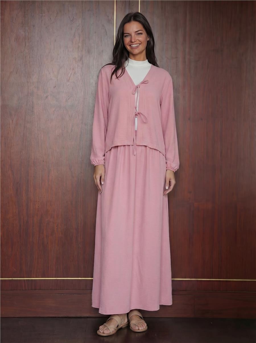 Kadın Ayrobin Kimono Etek İkili Takım 8047 - Pembe