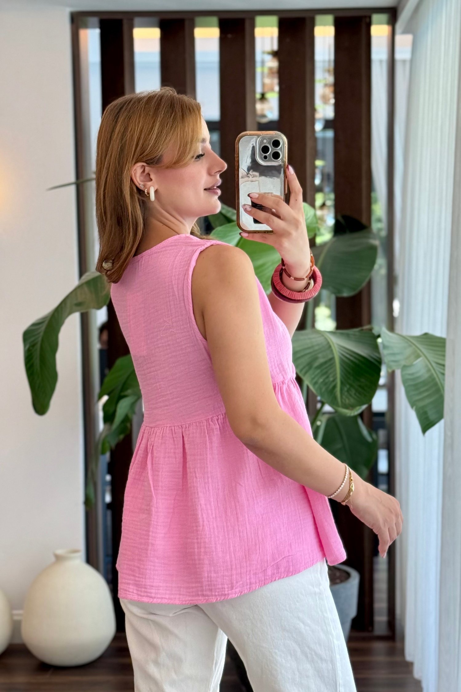 Pembe Bağcıklı Müslin Bluz