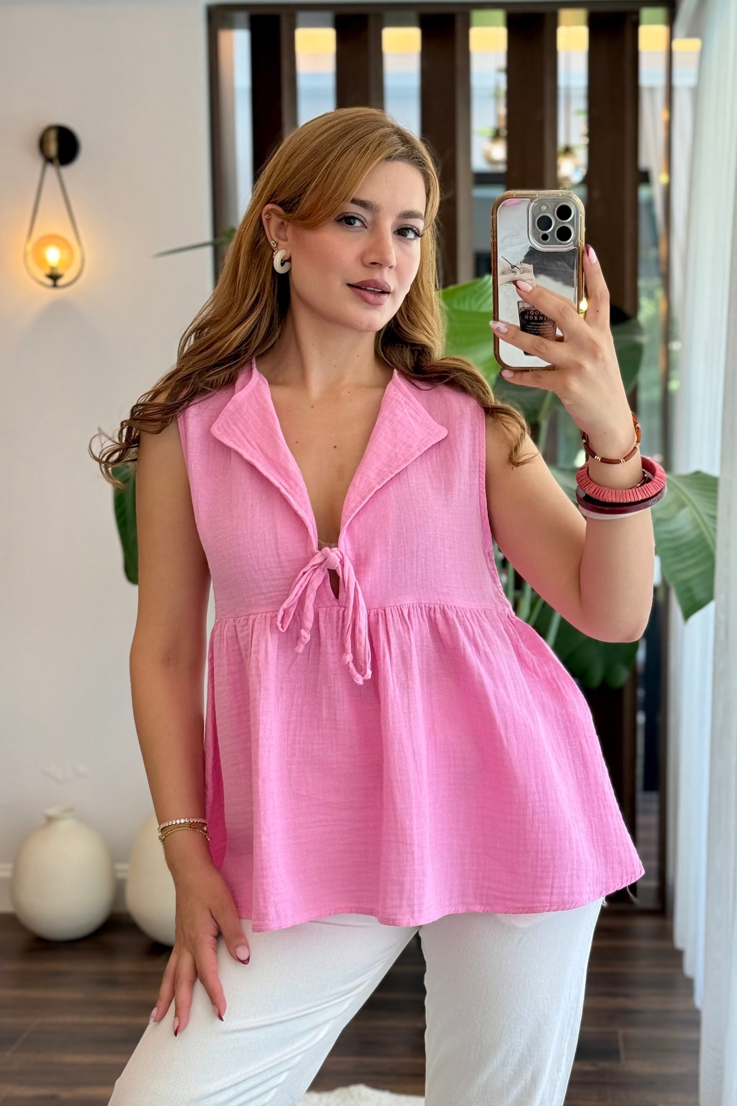 Pembe Bağcıklı Müslin Bluz