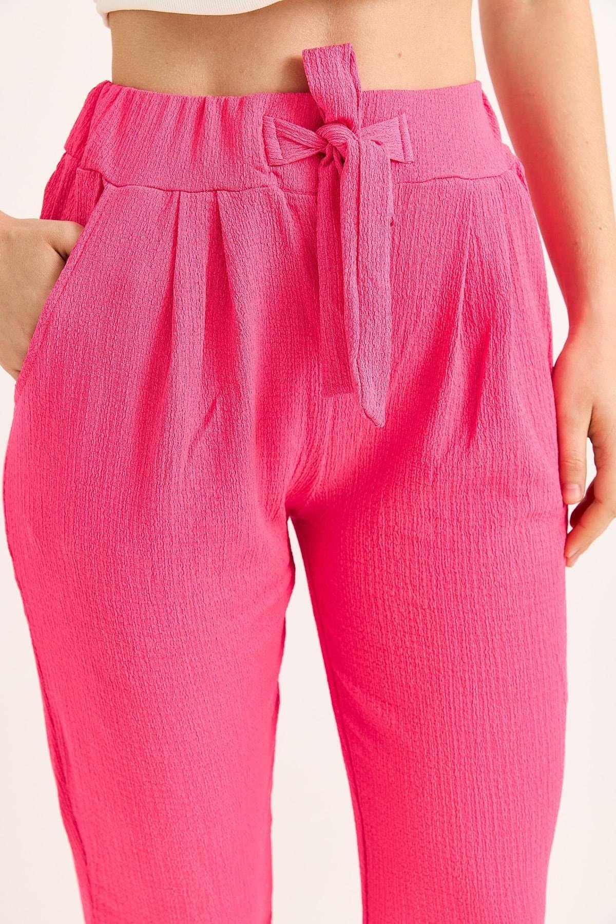 Pembe Bağlamalı Bürümcük Örme Pantolon