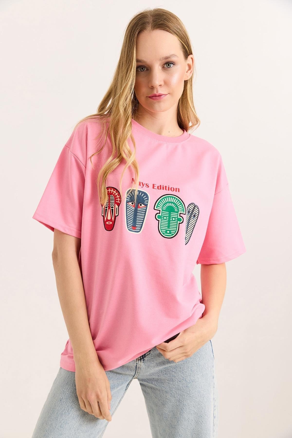Pembe Baskılı Oversize Tişört