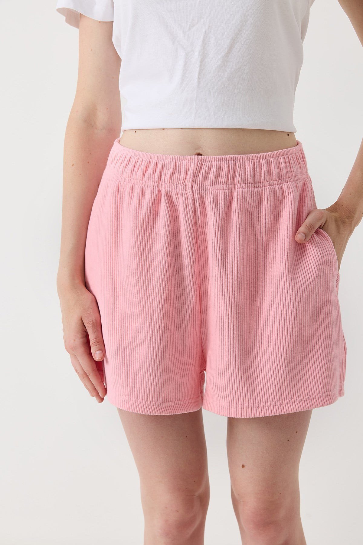 Pembe Beli Lastikli Kaşkorse Şort