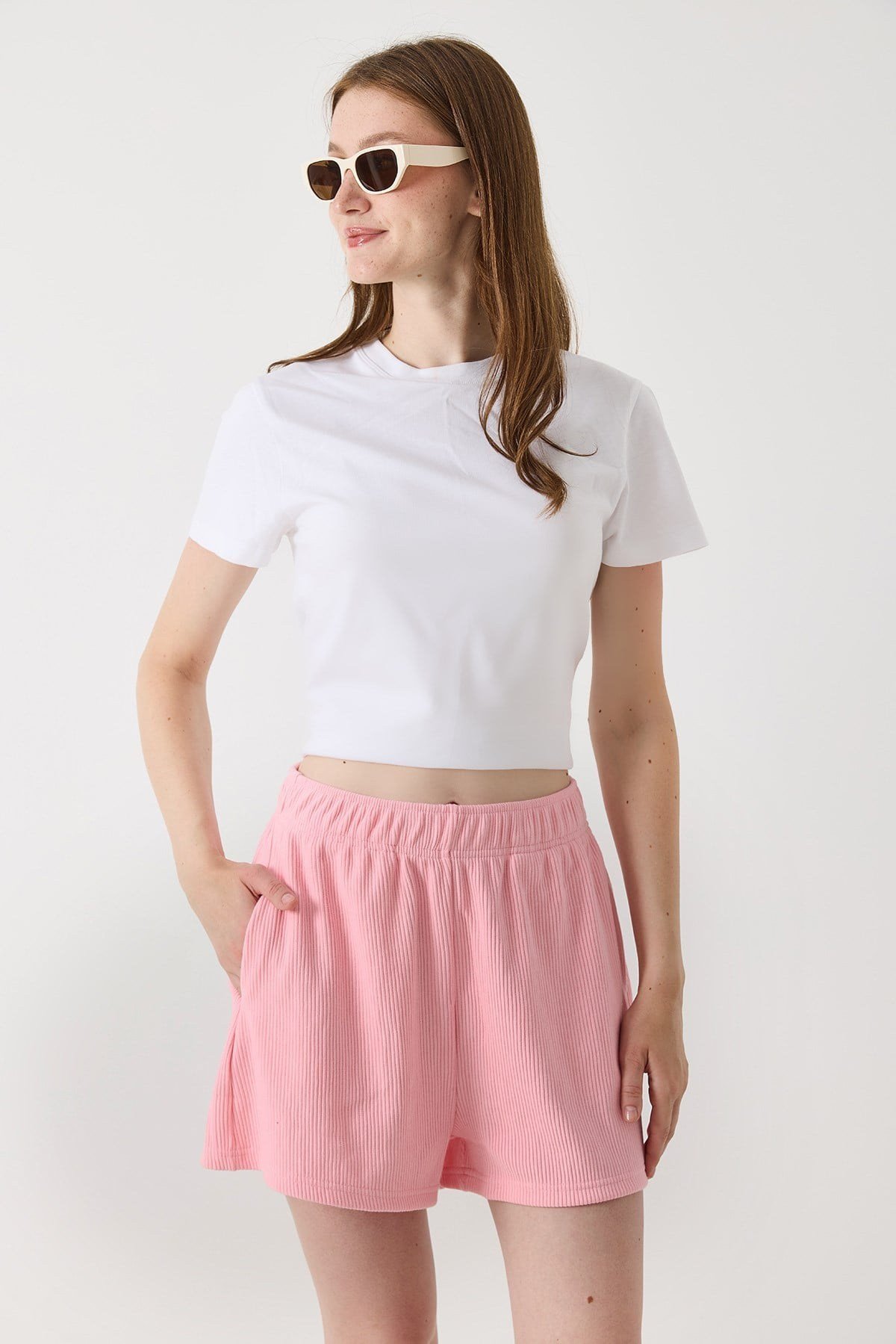 Pembe Beli Lastikli Kaşkorse Şort