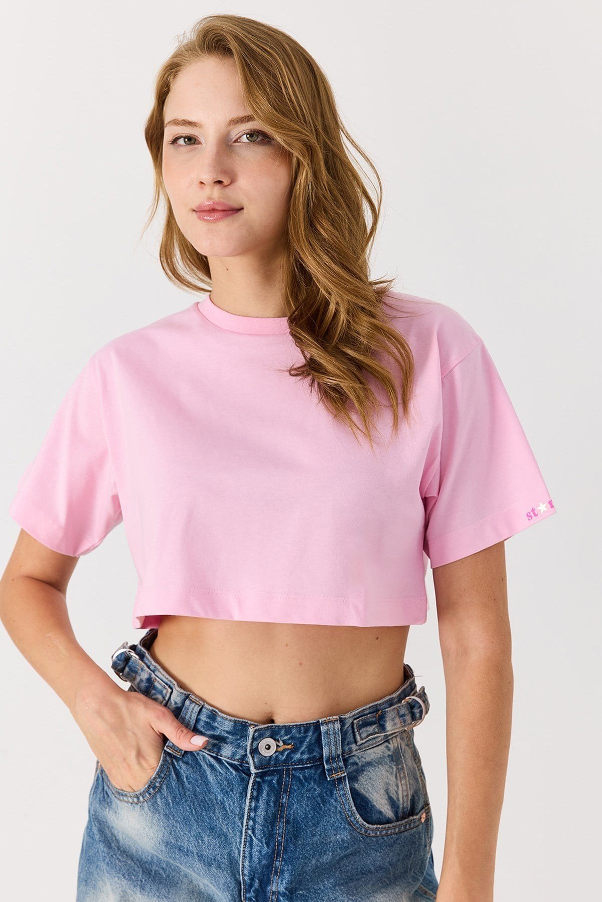 Pembe Bisiklet Yaka Crop Bluz