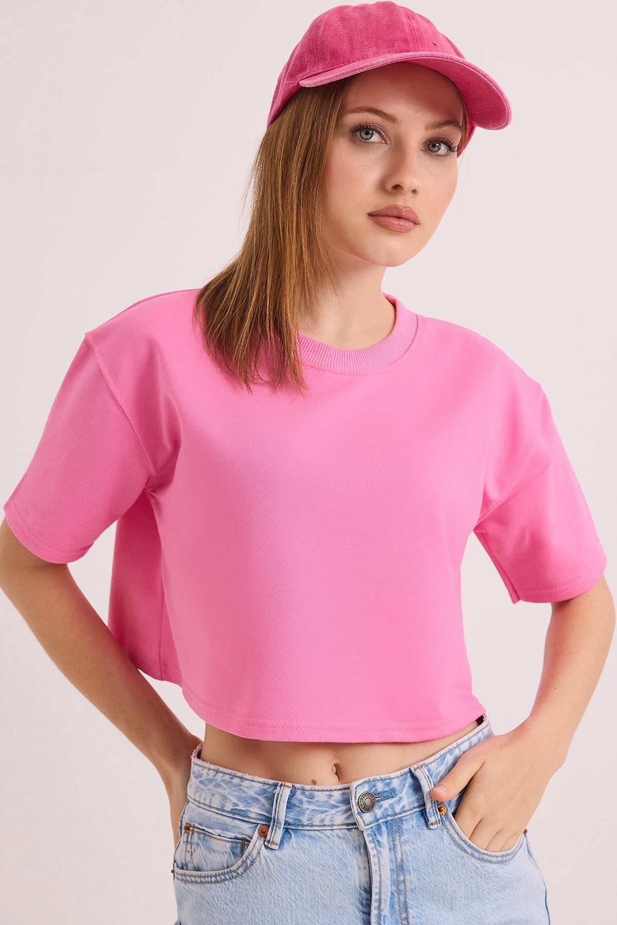 Pembe Bisiklet Yaka Crop Bluz