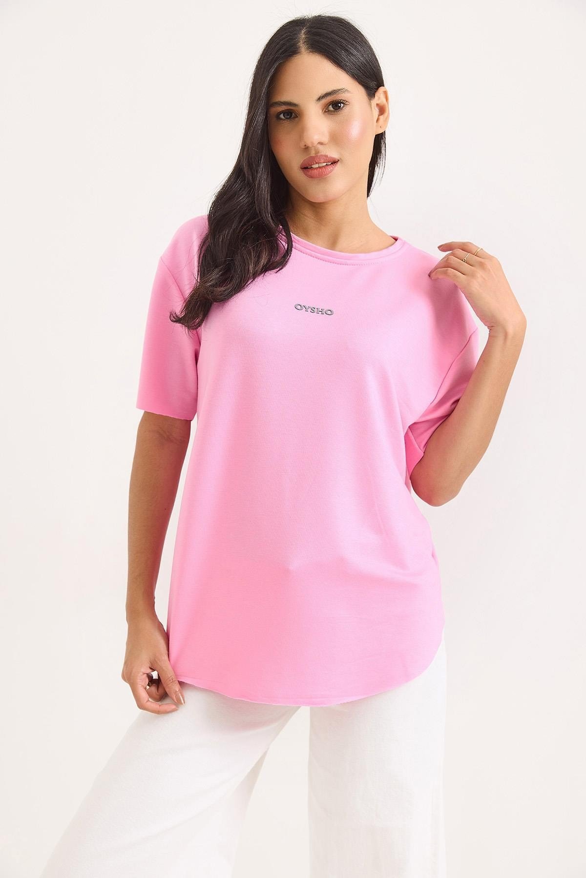 Pembe Bisiklet Yaka Oversize Tişört