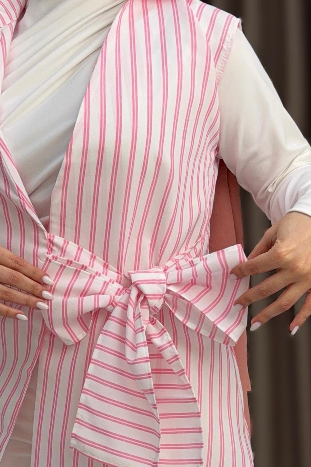 Pembe Çizgili Belden Bağlamalı Bluz