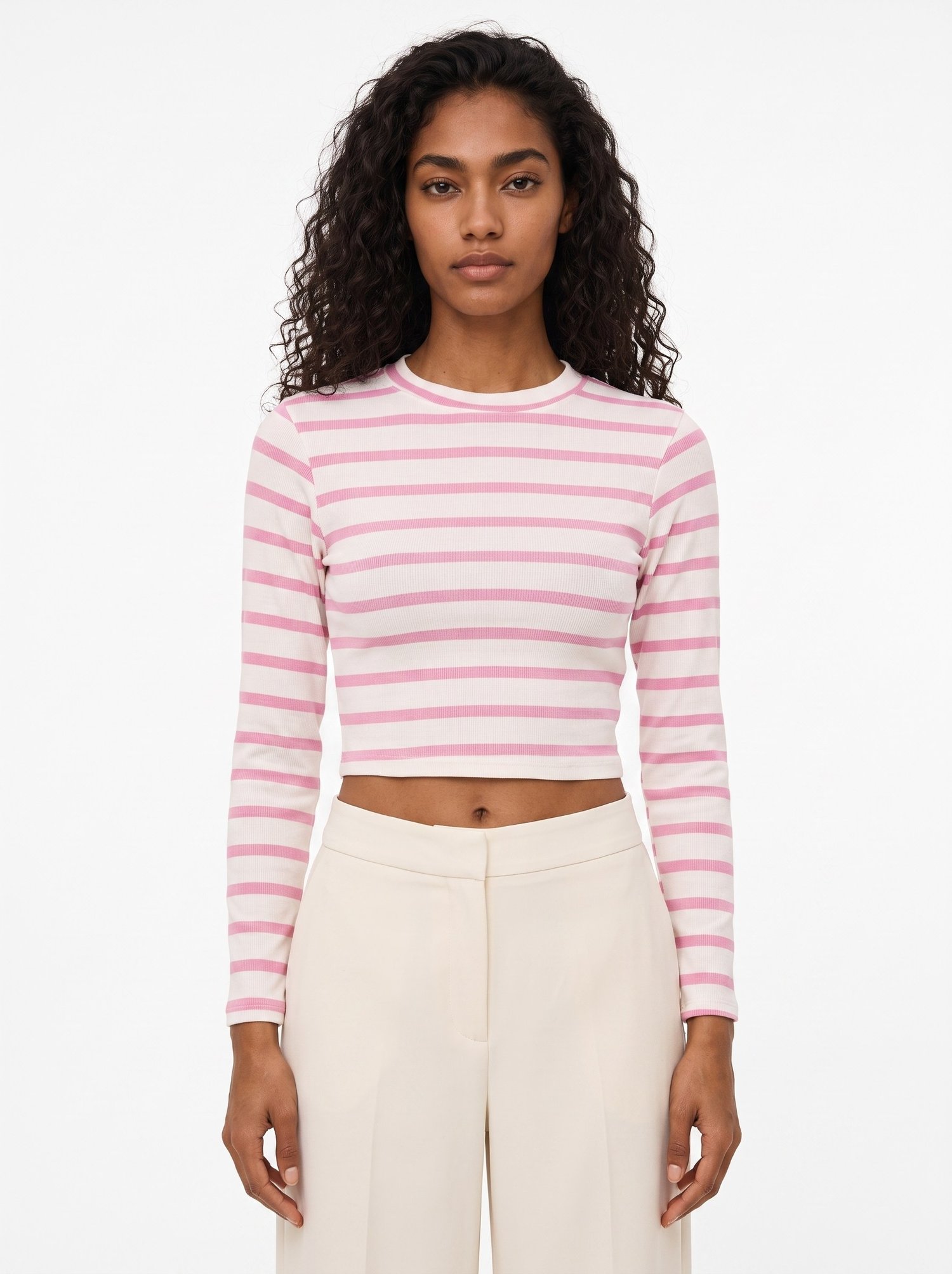 Pembe Çizgili Crop Bluz