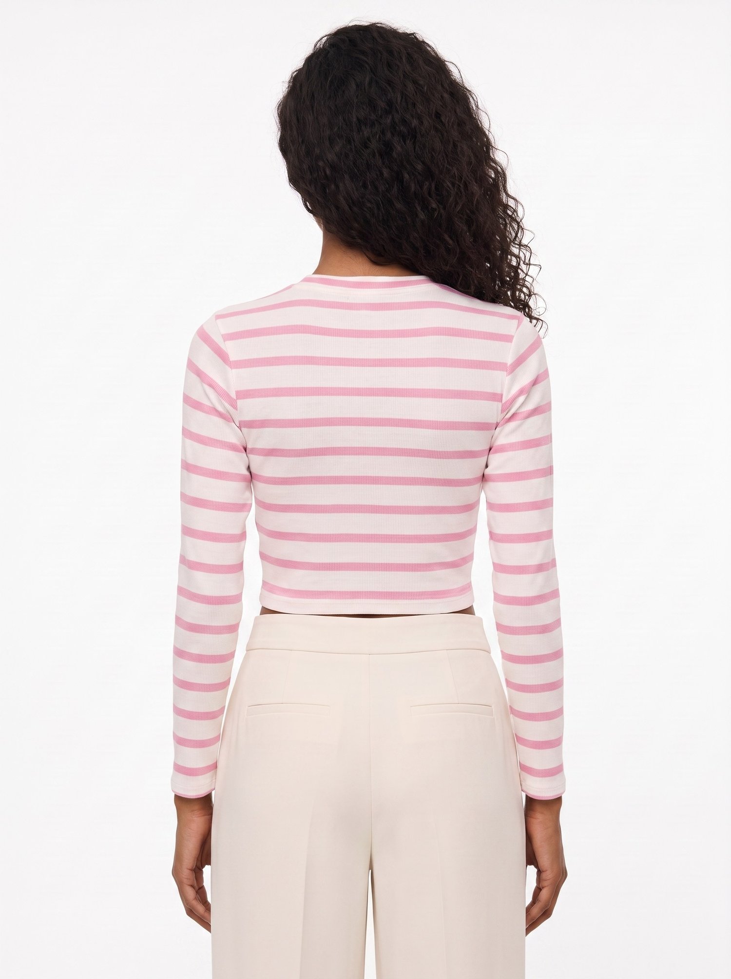 Pembe Çizgili Crop Bluz