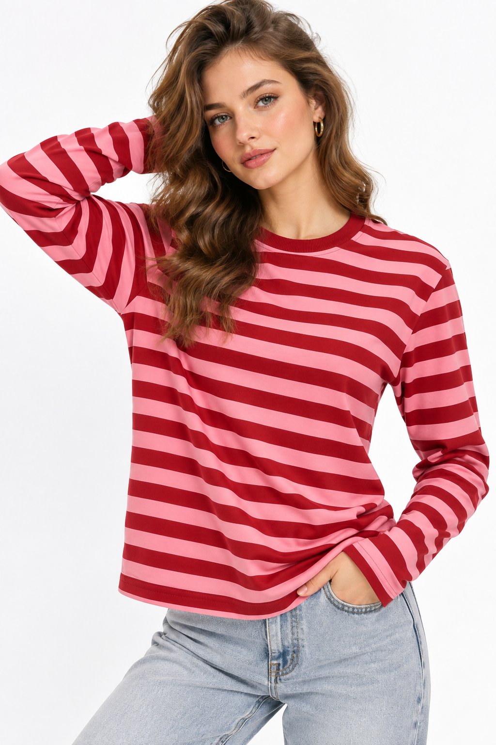 Pembe Çizgili Desenli Sweatshirt