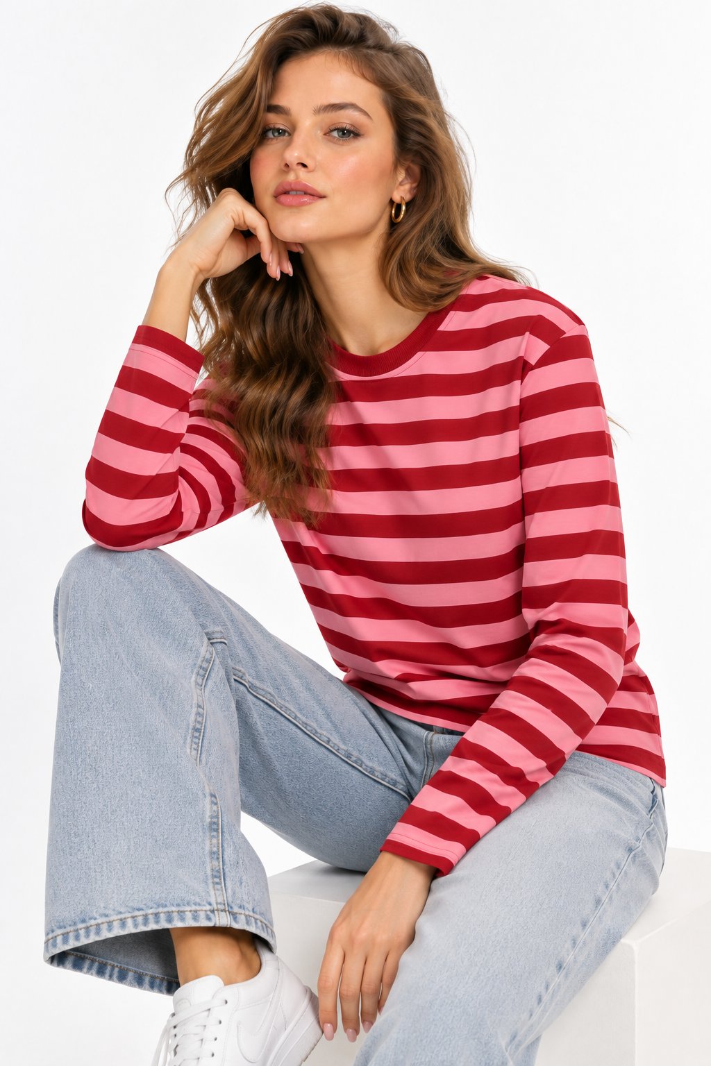 Pembe Çizgili Desenli Sweatshirt