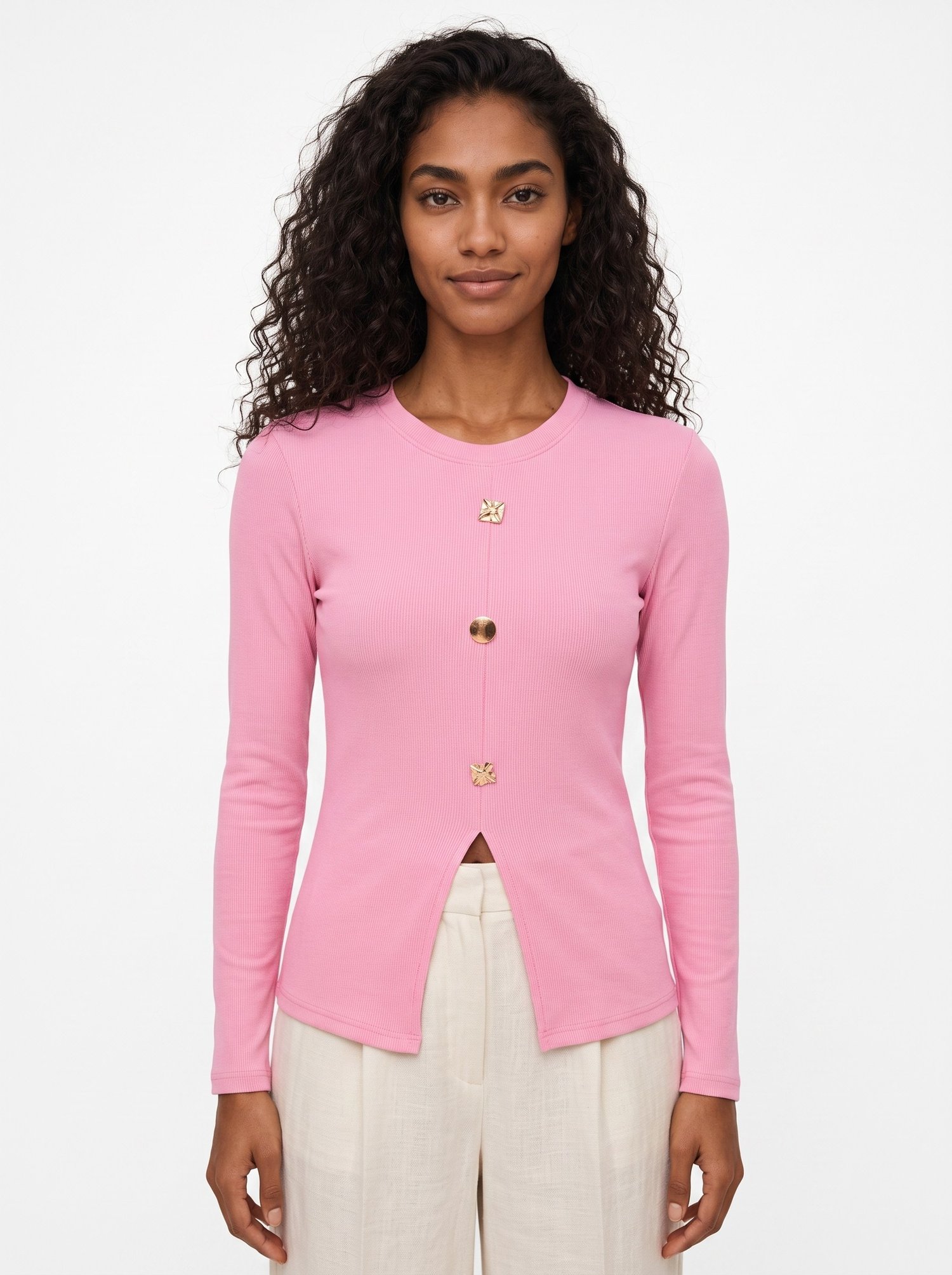 Pembe Gold Düğmeli Yırtmaçlı Bluz