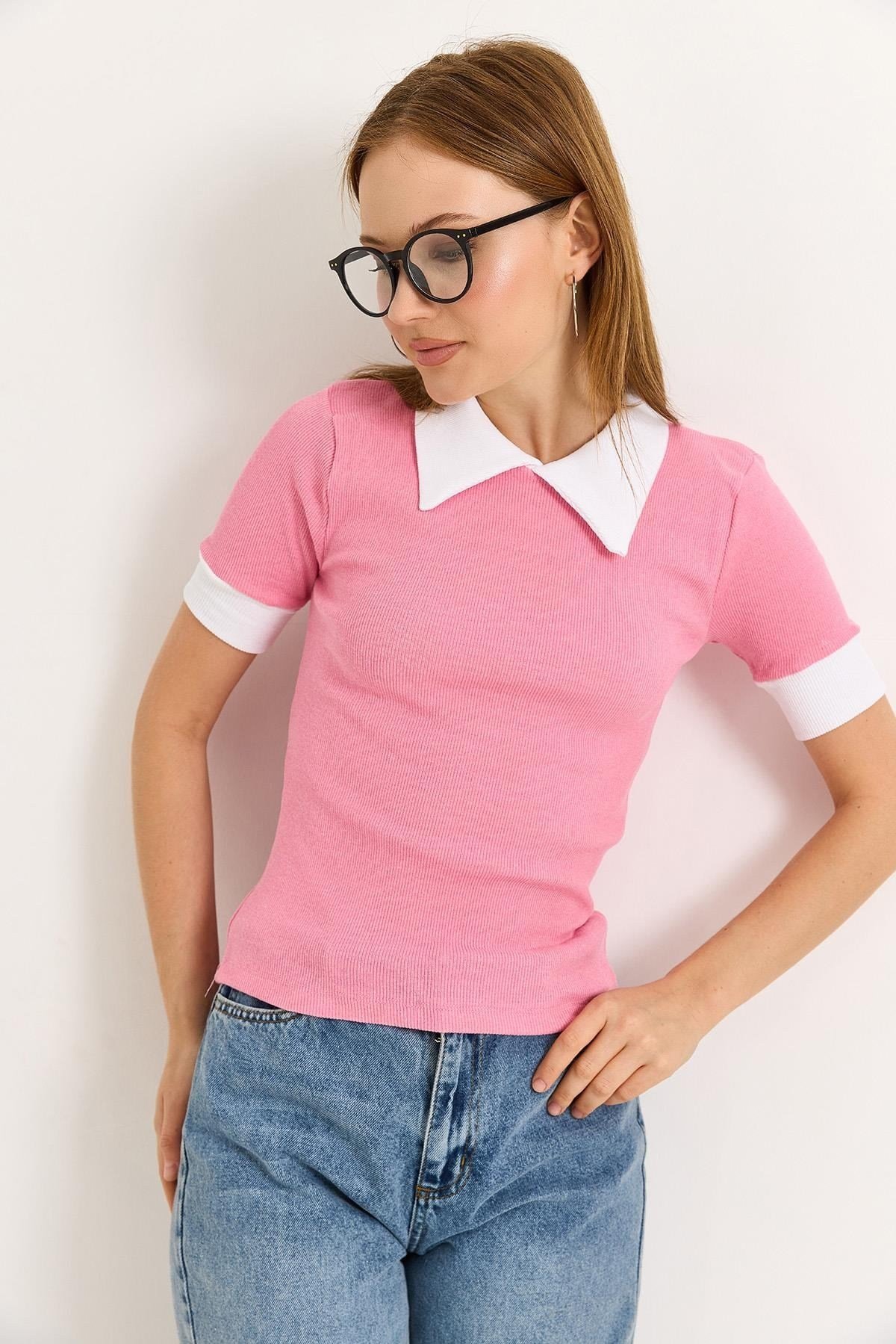Pembe Gömlek Yaka Kaşkorse Bluz