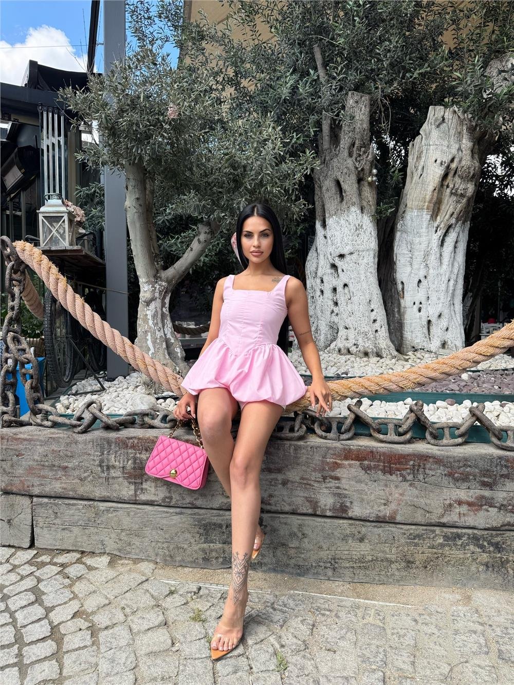 Pembe Kare Yaka Balon Kollu Bluz