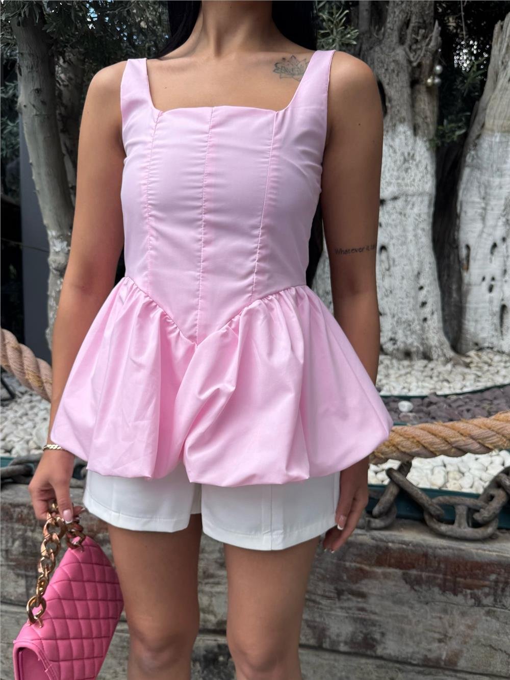 Pembe Kare Yaka Balon Kollu Bluz
