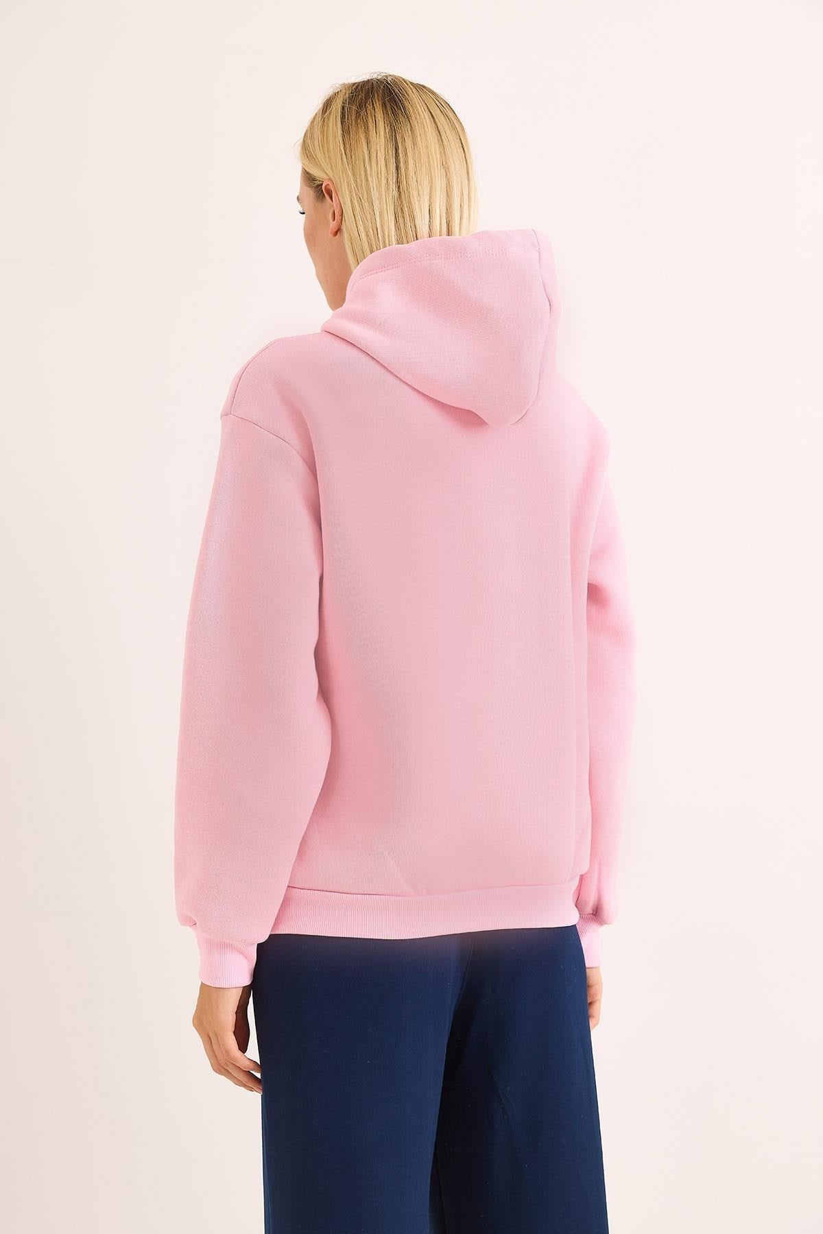 Pembe Kiraz Nakışlı Kapüşonlu Sweatshirt