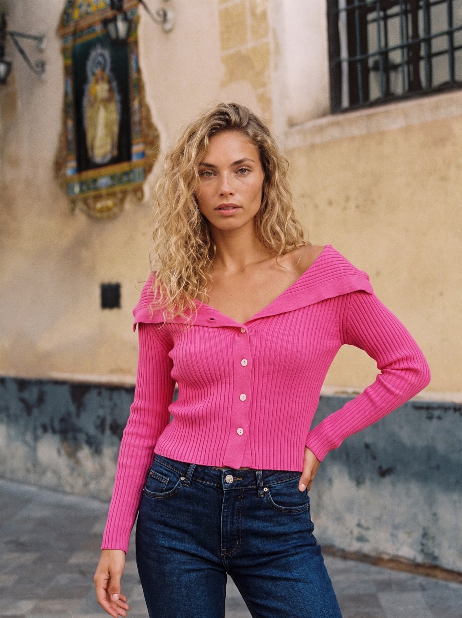 Pembe Madonna Yaka Triko Hırka