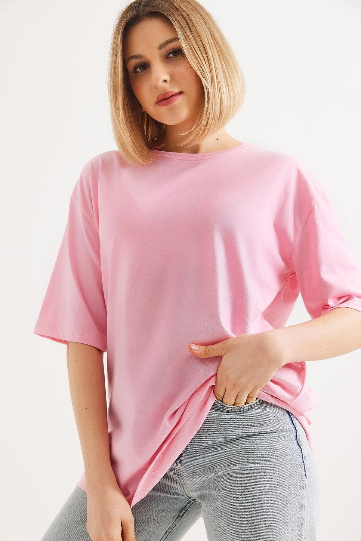 Pembe Oversize Bisiklet Yaka Tişört