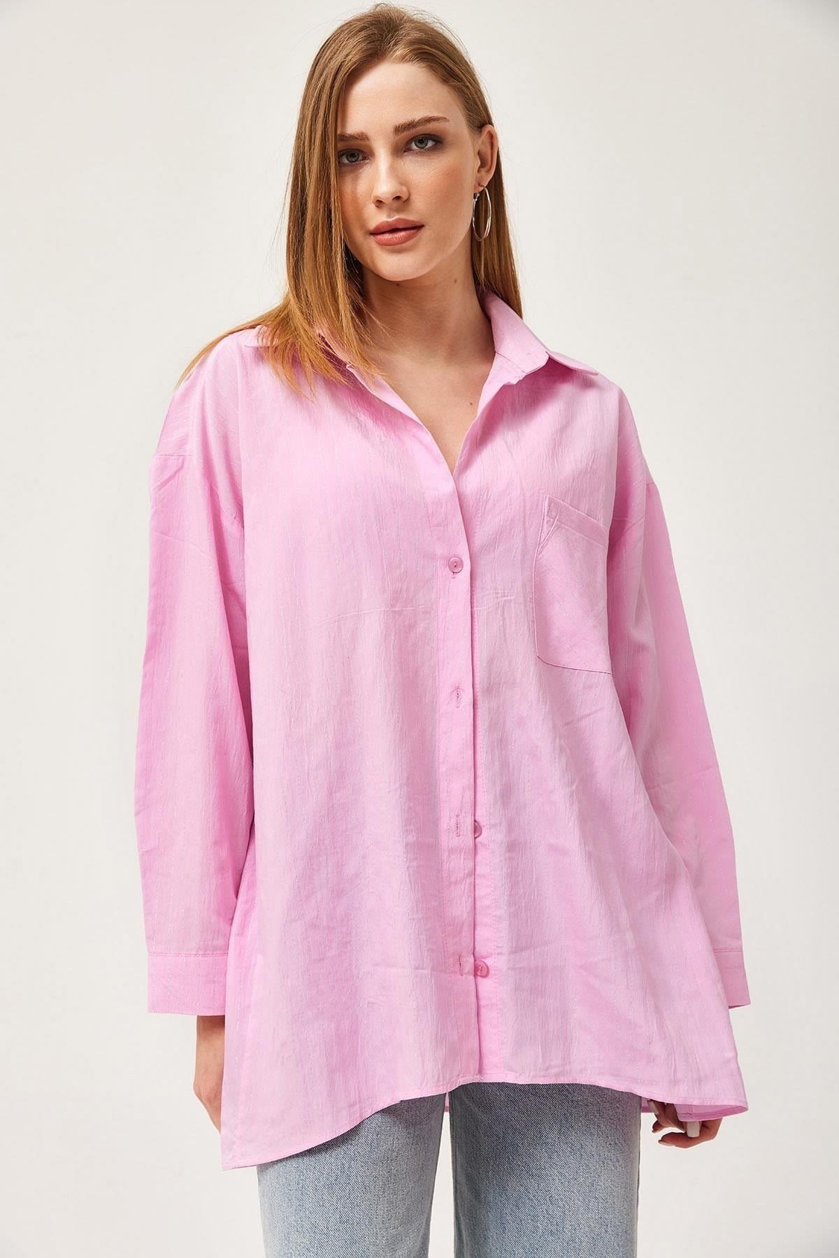 Pembe Oversize Cepli Poplin Gömlek