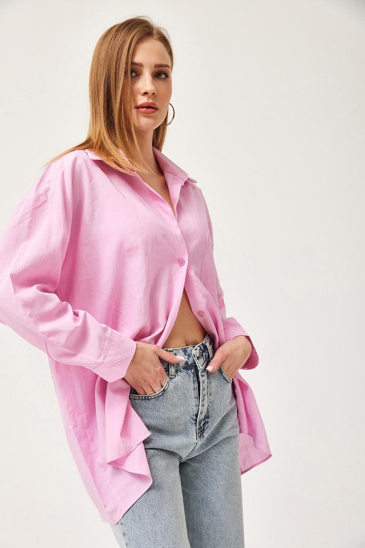 Pembe Oversize Cepli Poplin Gömlek