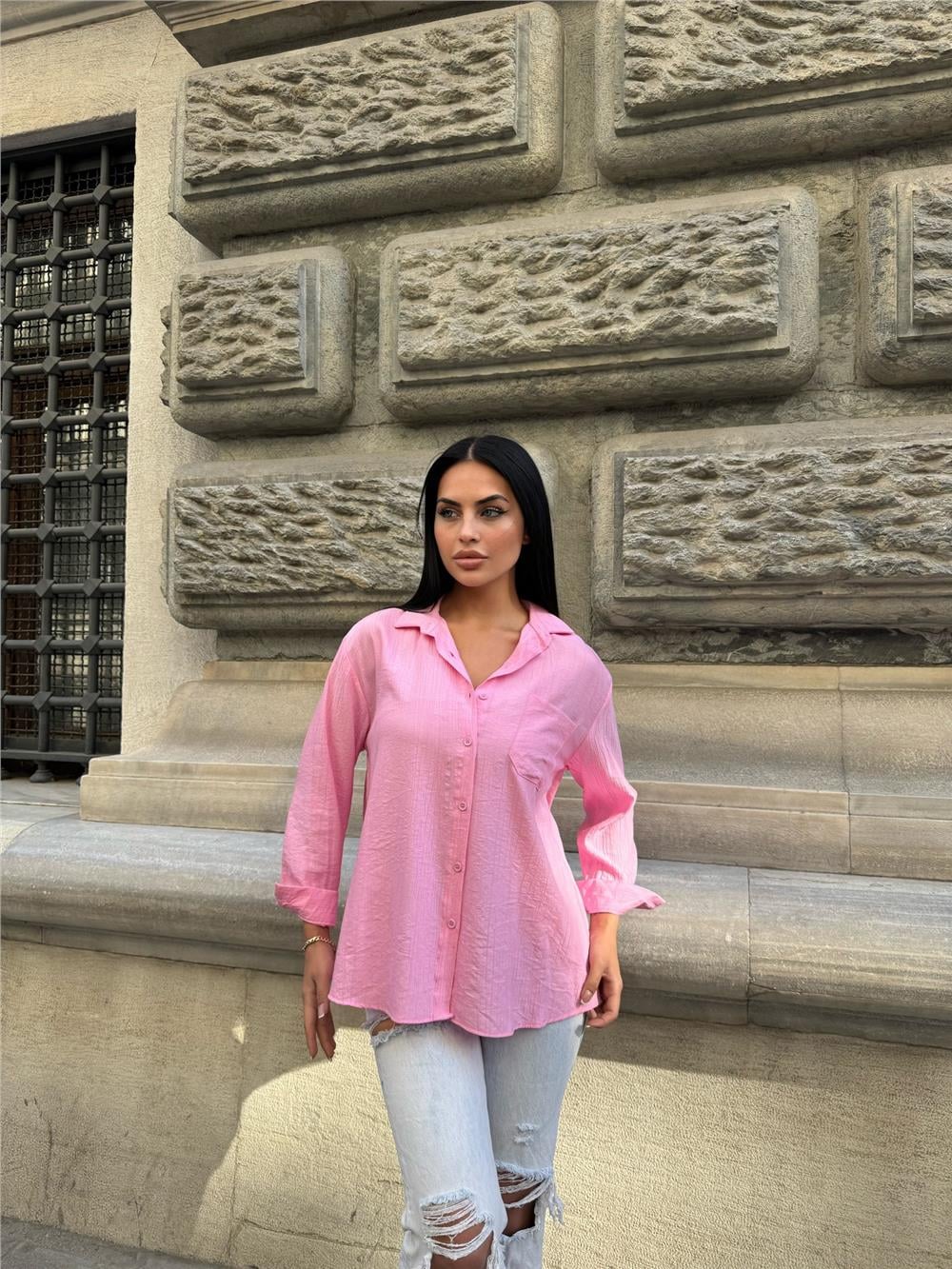 Pembe Oversize Kırışık %100 Polyester Gömlek