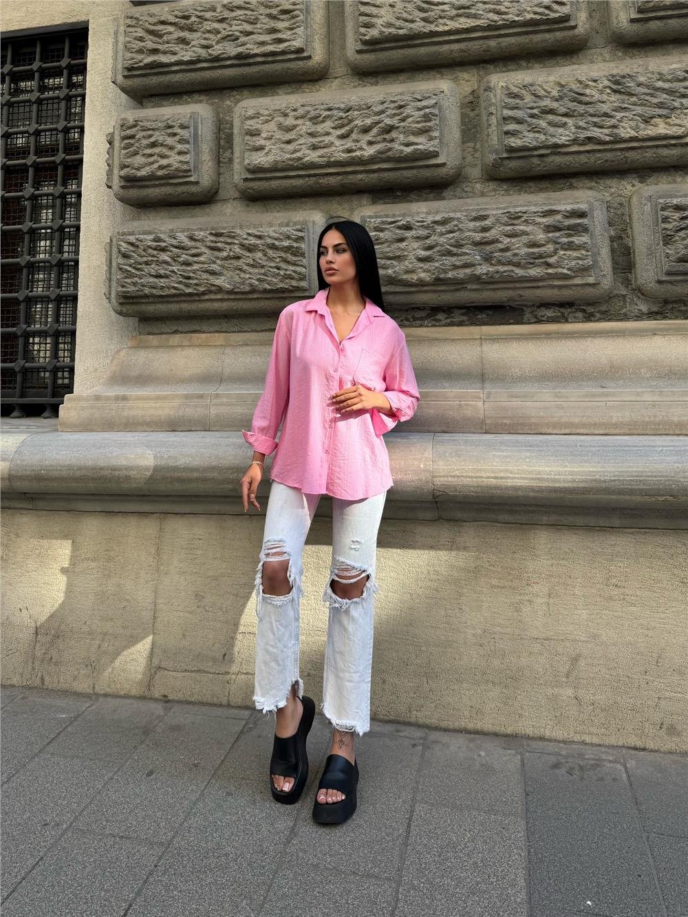 Pembe Oversize Kırışık %100 Polyester Gömlek