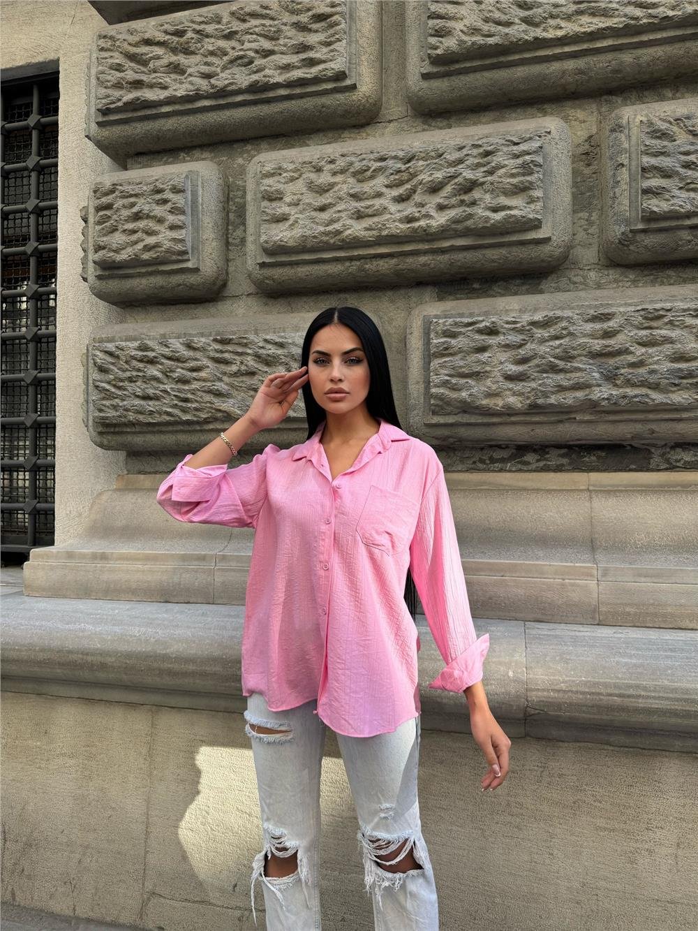 Pembe Oversize Kırışık %100 Polyester Gömlek