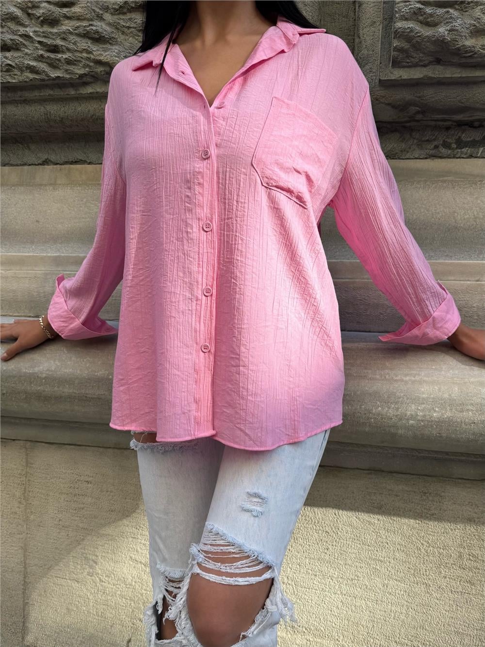 Pembe Oversize Kırışık %100 Polyester Gömlek