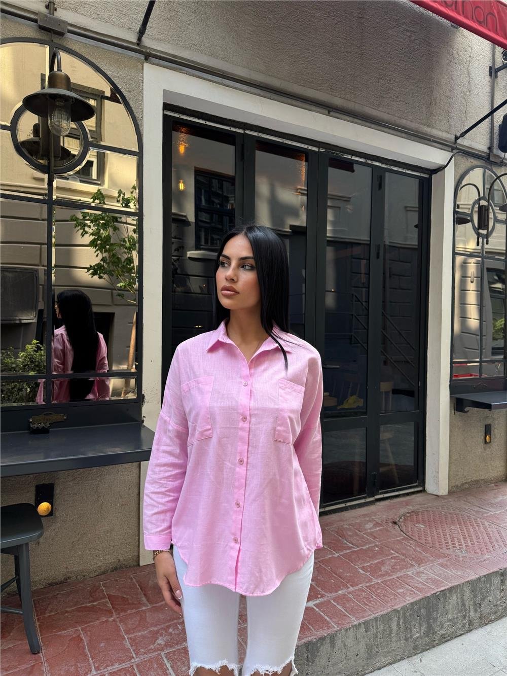 Pembe Oversize Pamuk Karışımlı Cepli Gömlek