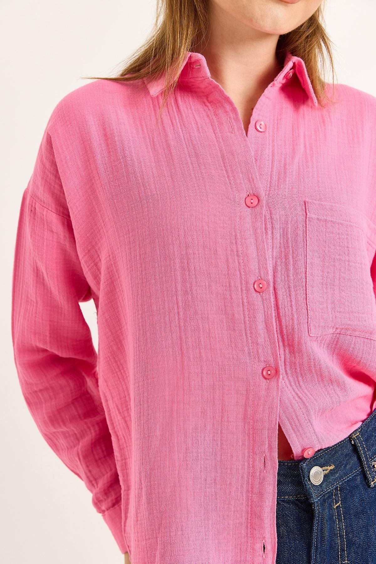 Pembe Oversize Uzun Kollu Gömlek