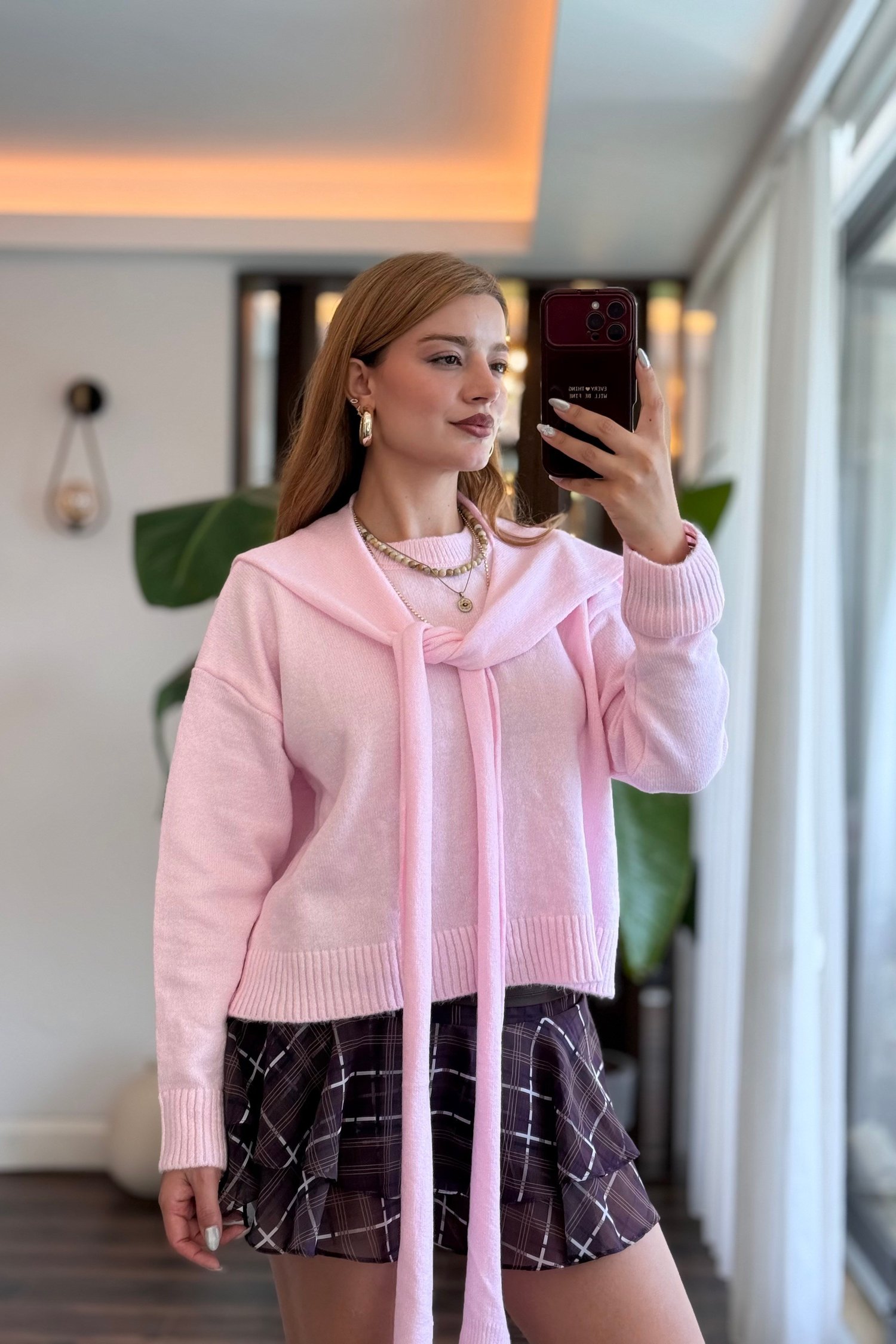 Pembe Patchwork Triko Kazak