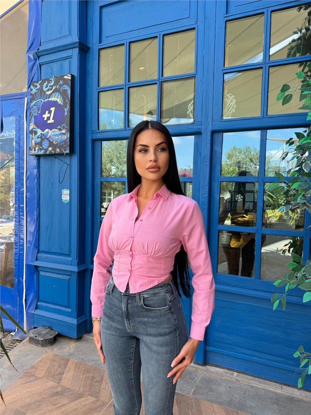 Pembe Polyester Pamuk Parçalı Gömlek