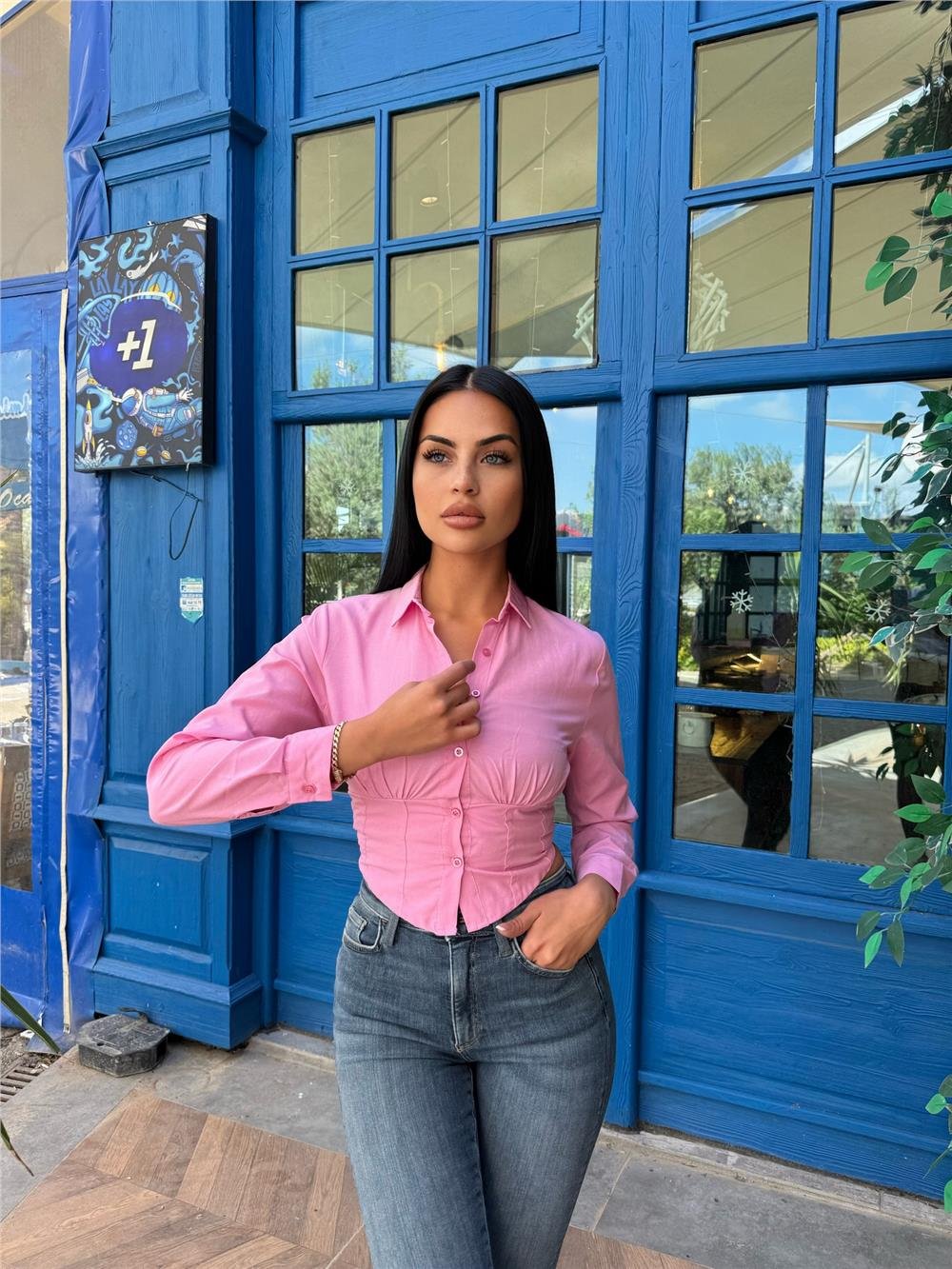 Pembe Polyester Pamuk Parçalı Gömlek