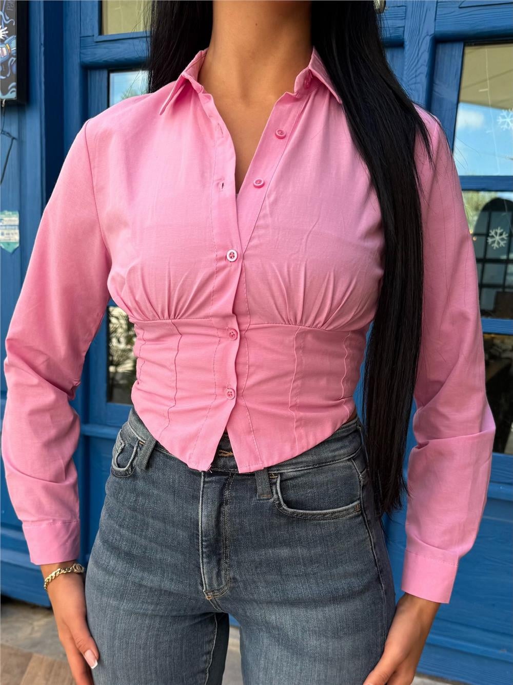 Pembe Polyester Pamuk Parçalı Gömlek
