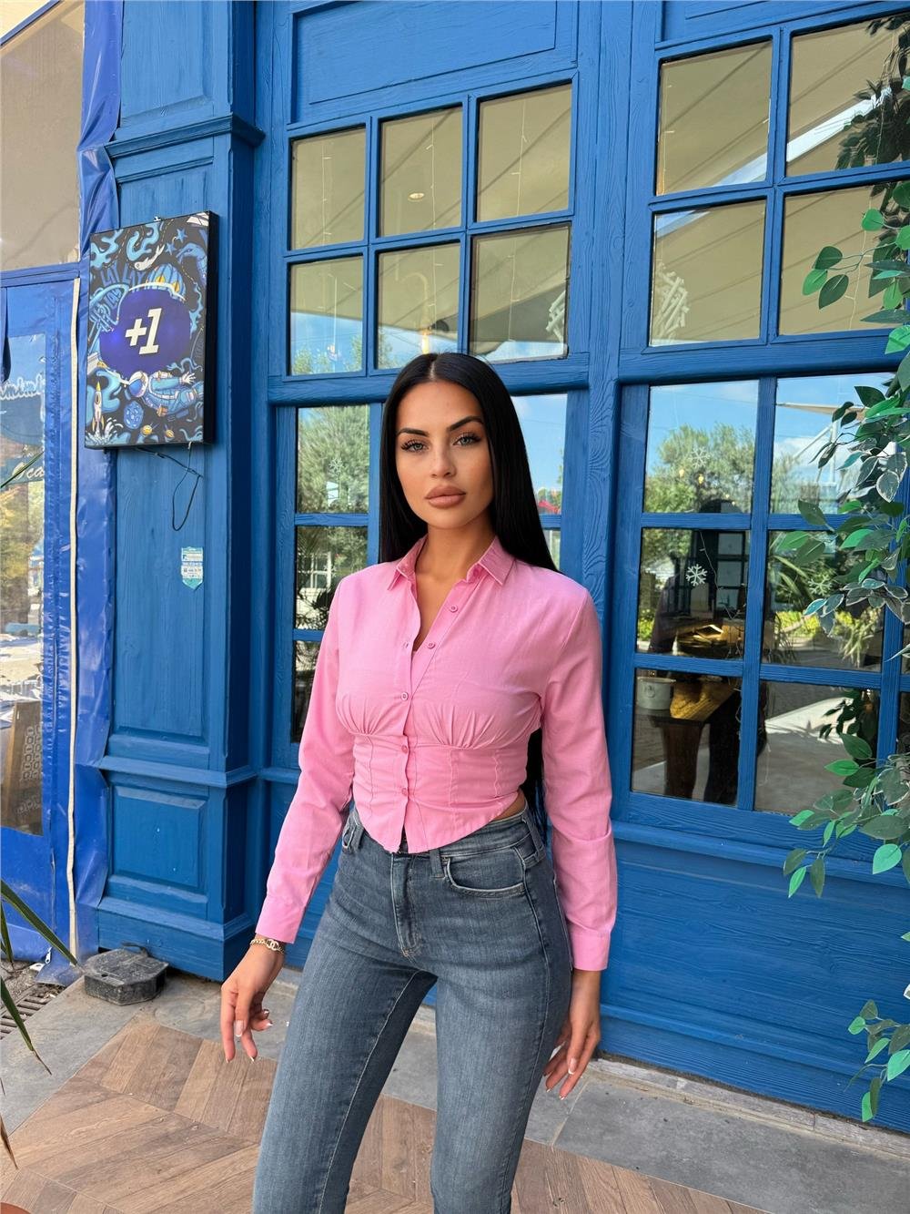 Pembe Polyester Pamuk Parçalı Gömlek