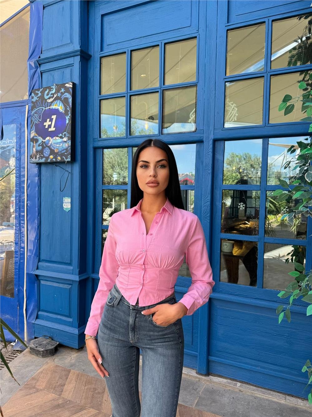 Pembe Polyester Pamuk Parçalı Gömlek