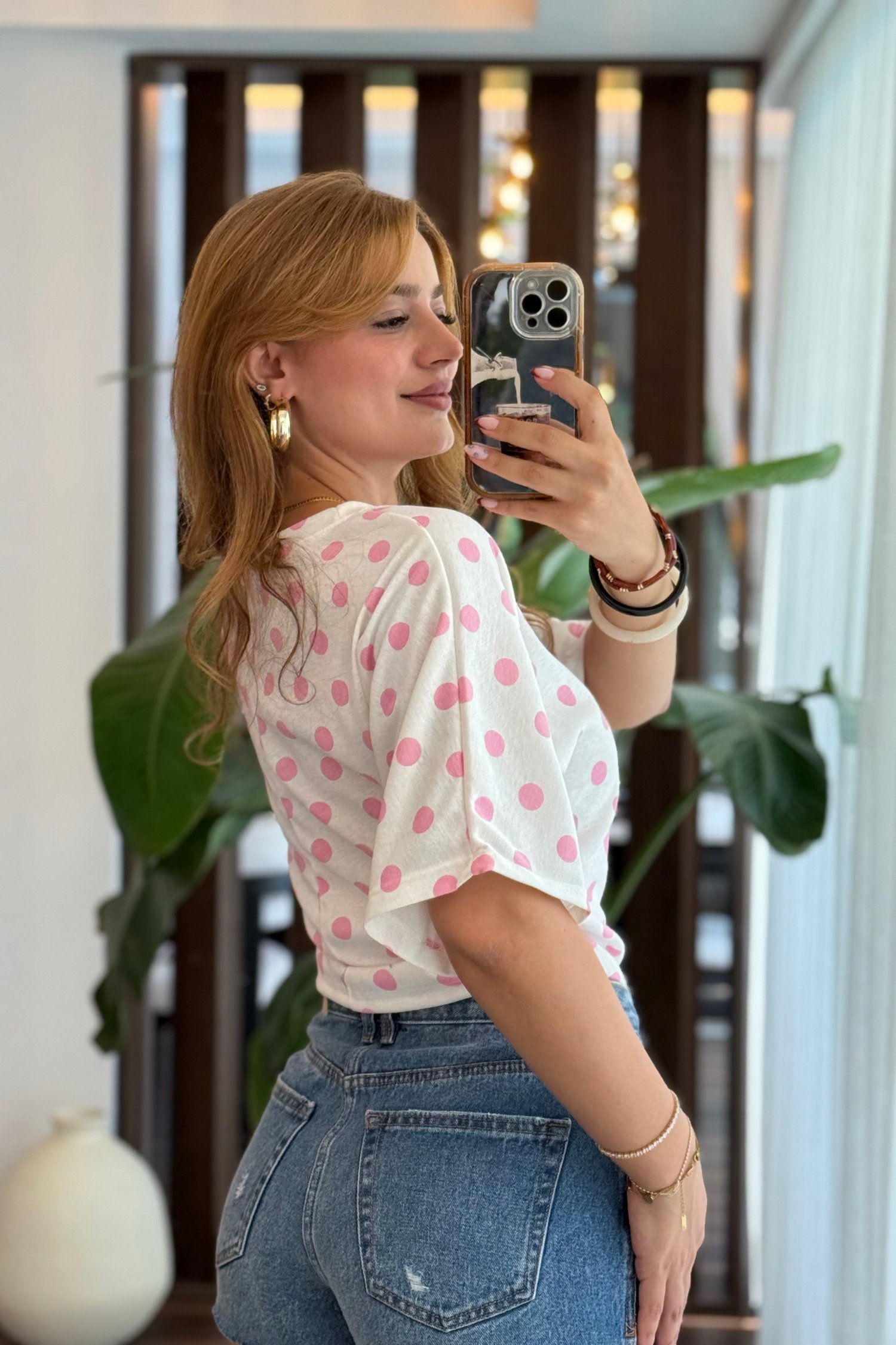 Pembe Puantiyeli Bisiklet Yaka Bluz