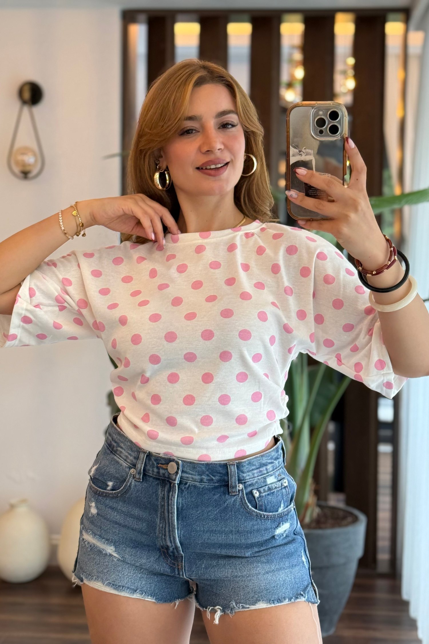 Pembe Puantiyeli Bisiklet Yaka Bluz