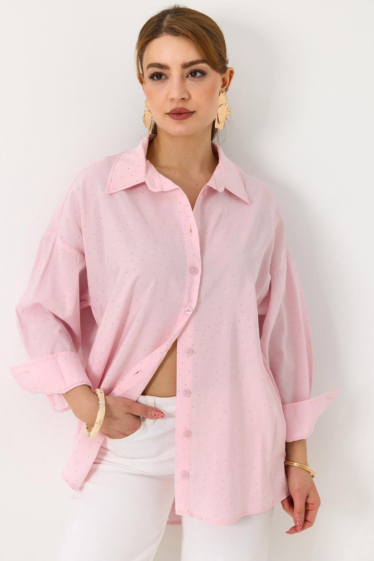 Pembe Taş Detaylı Oversize Gömlek