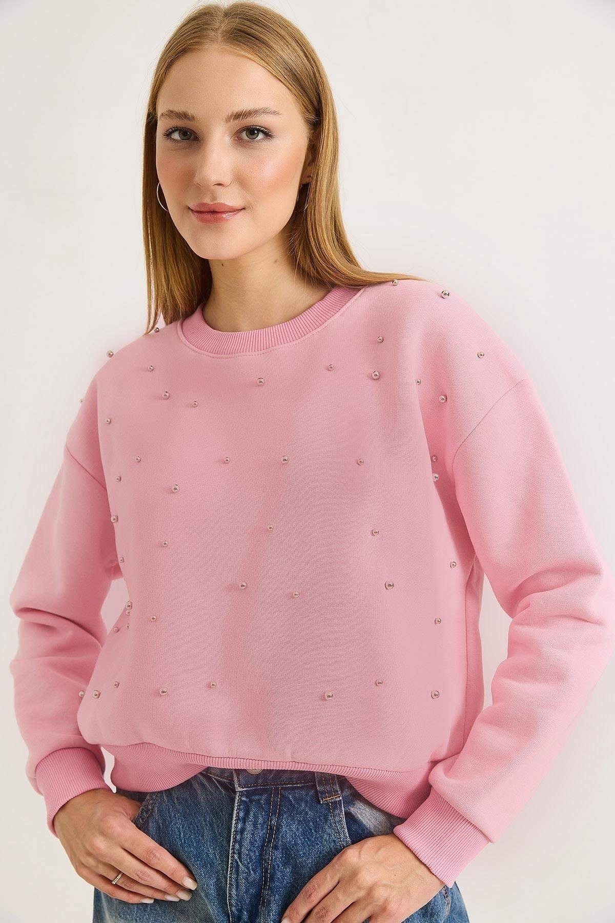 Pembe Taşlı Bisiklet Yaka Sweatshirt