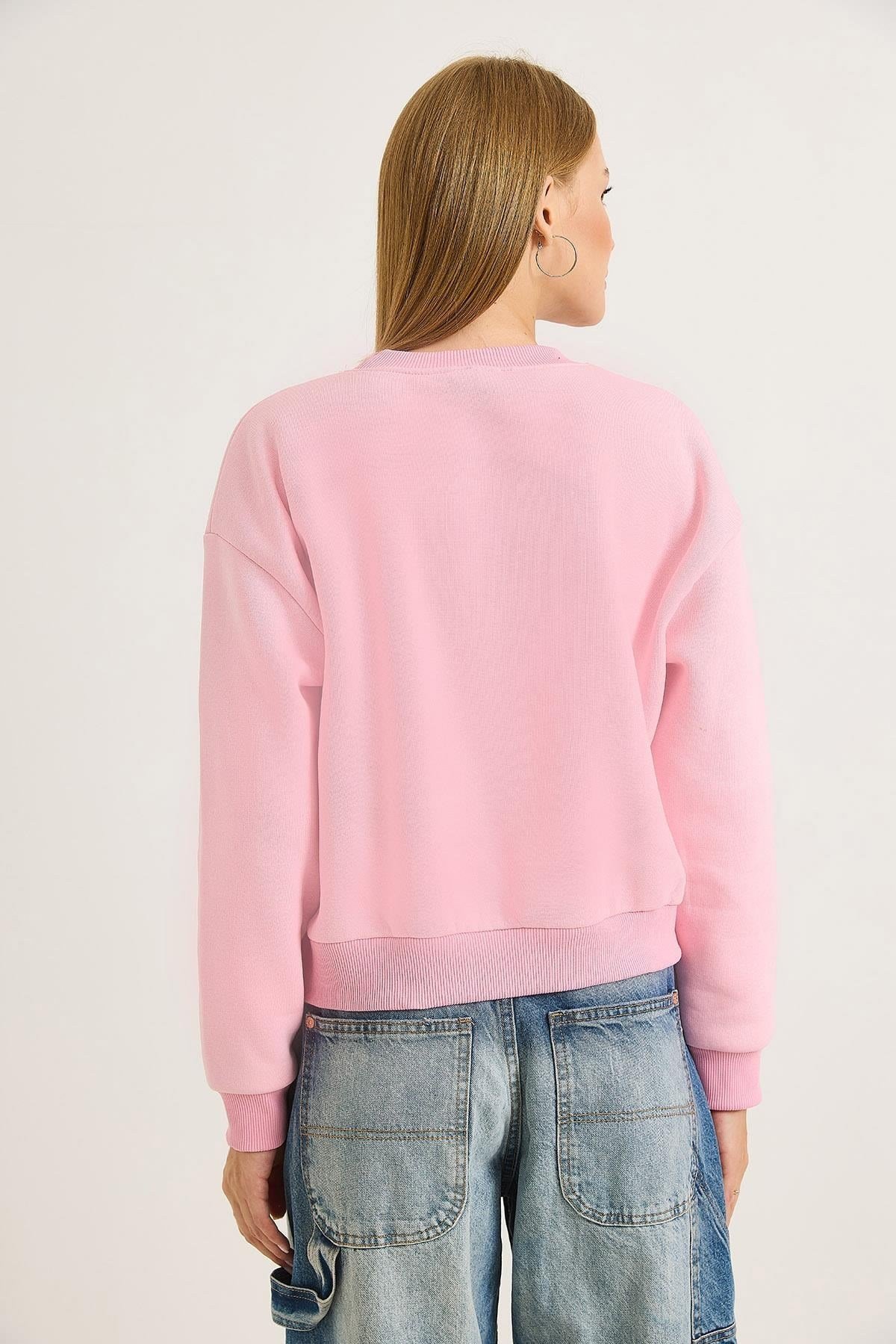 Pembe Taşlı Bisiklet Yaka Sweatshirt