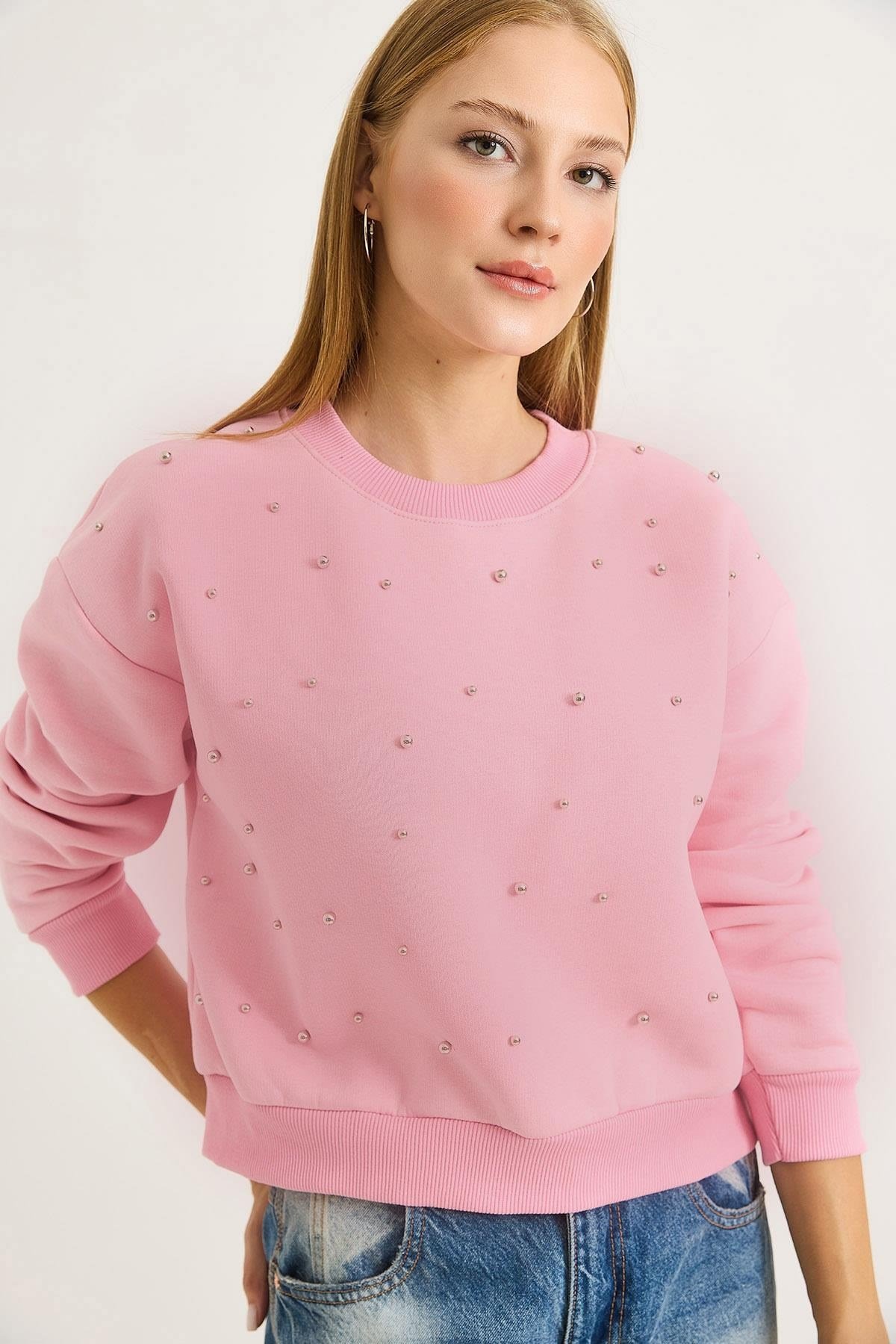 Pembe Taşlı Bisiklet Yaka Sweatshirt