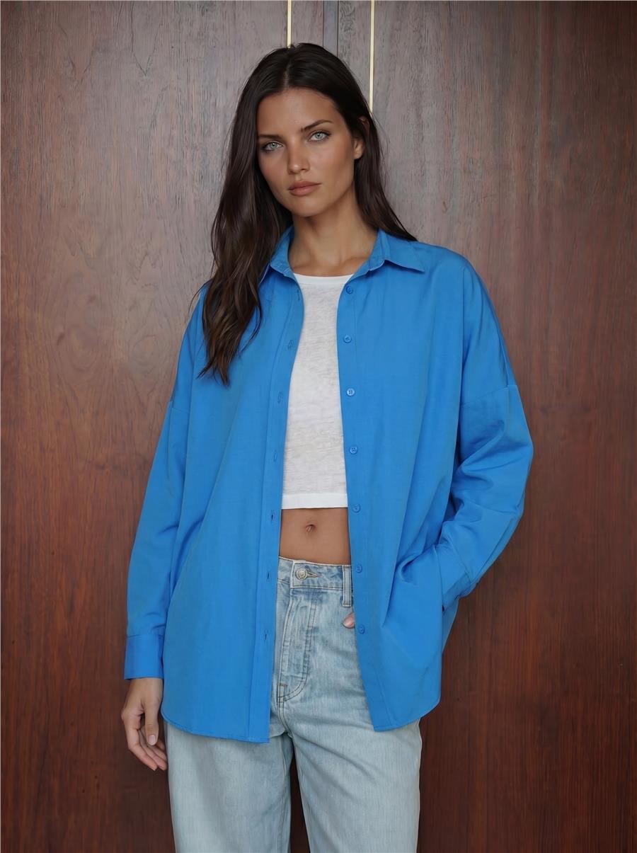 103901 Oversize Basic Tesettür Gömlek - Saks