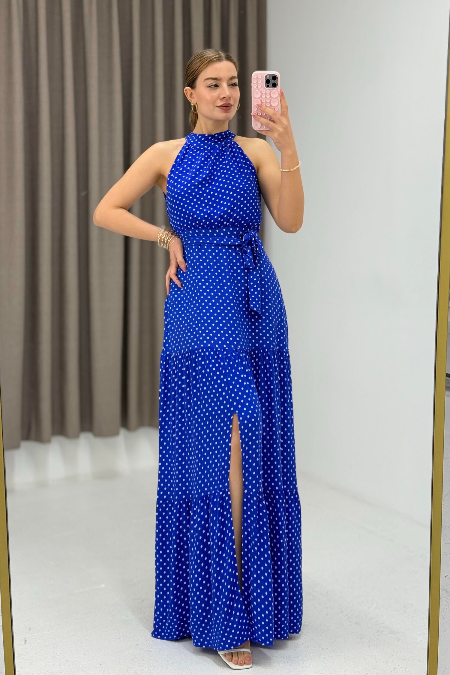 Saks Puantiyeli Beli Bağlamalı Elbise