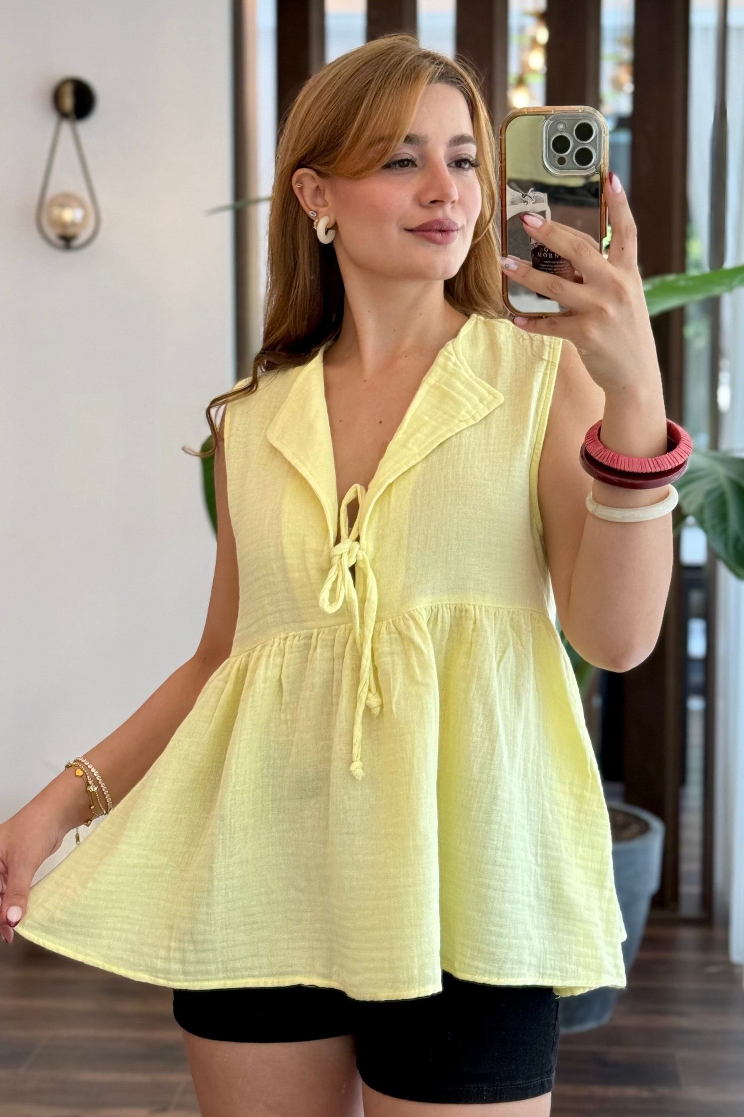 Sarı Bağcıklı Müslin Bluz