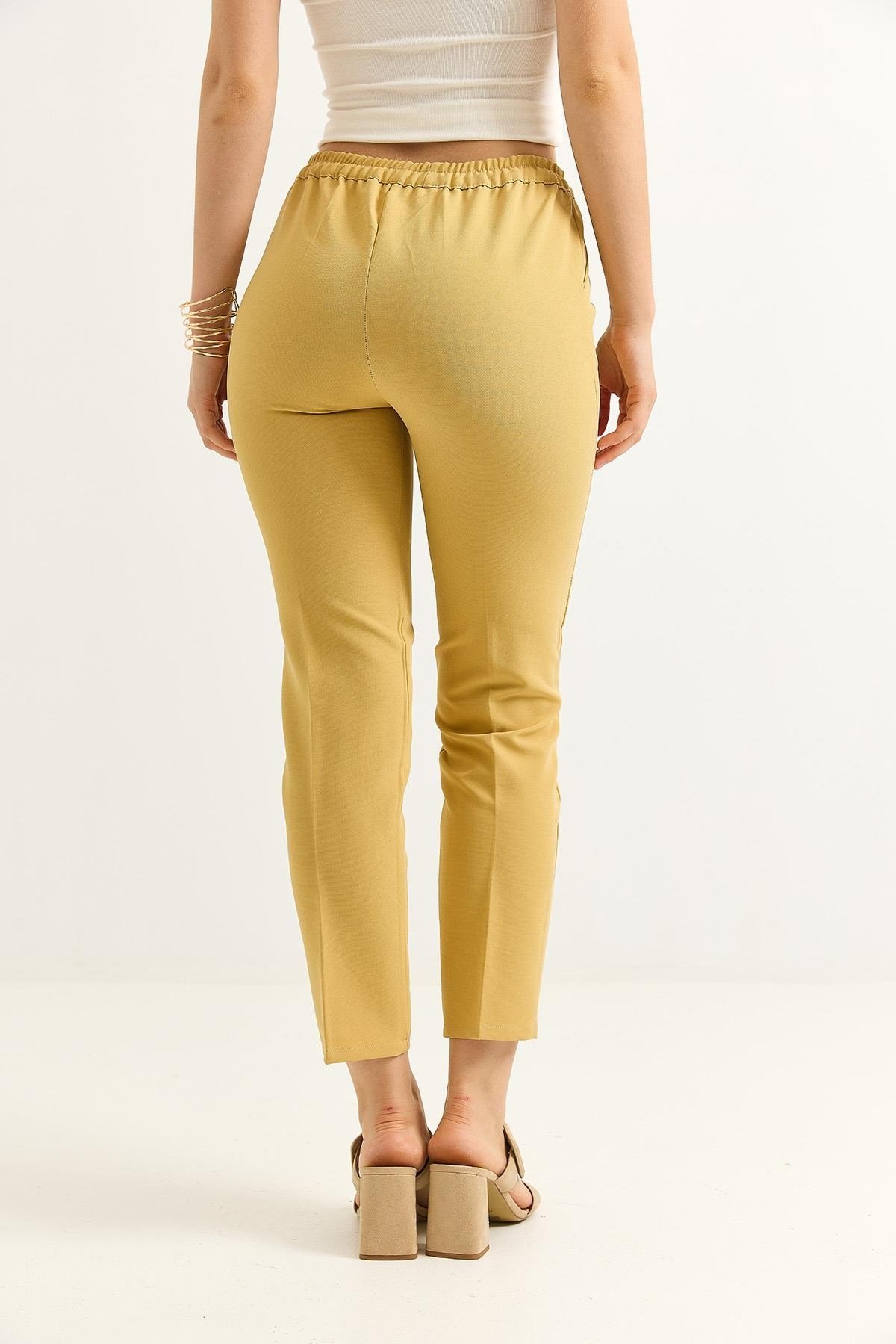 Sarı Beli Lastikli Krep Pantolon