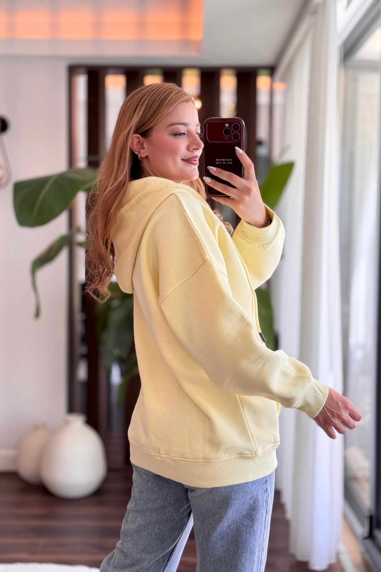 Sarı Kapüşonlu Fermuarlı Sweatshirt