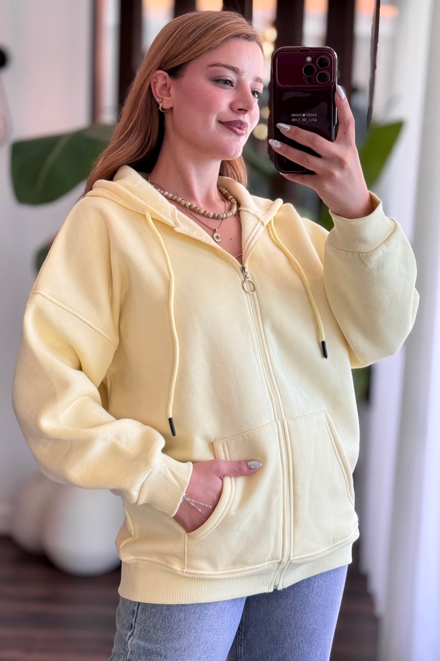 Sarı Kapüşonlu Fermuarlı Sweatshirt