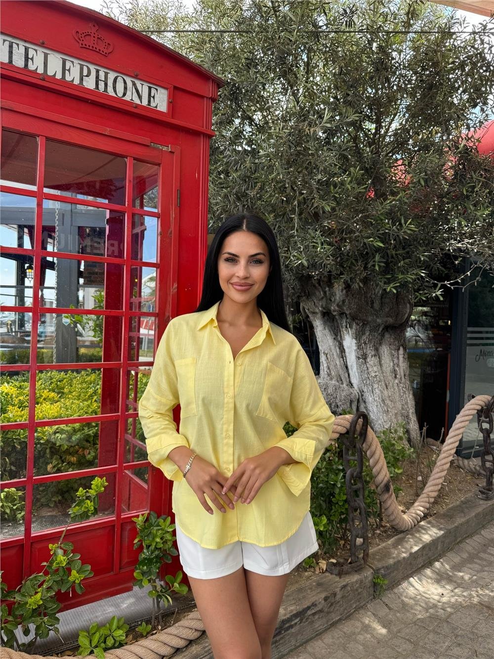 Sarı Oversize Cepli Pamuklu Polyester Gömlek
